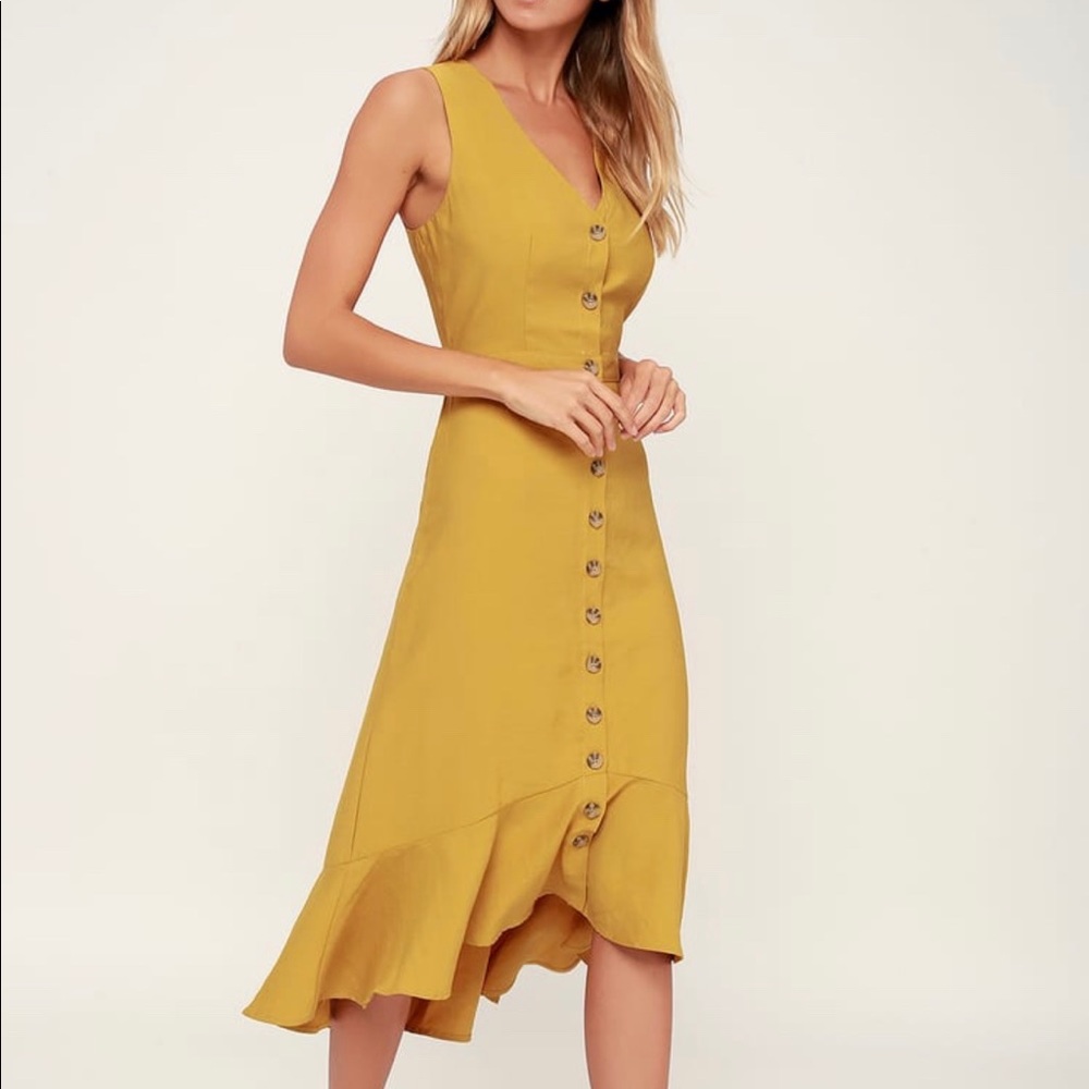 When we first met mustard yellow button front midi